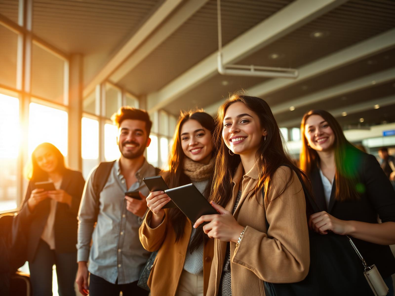 Students and professionals at an international airport ready to travel abroad